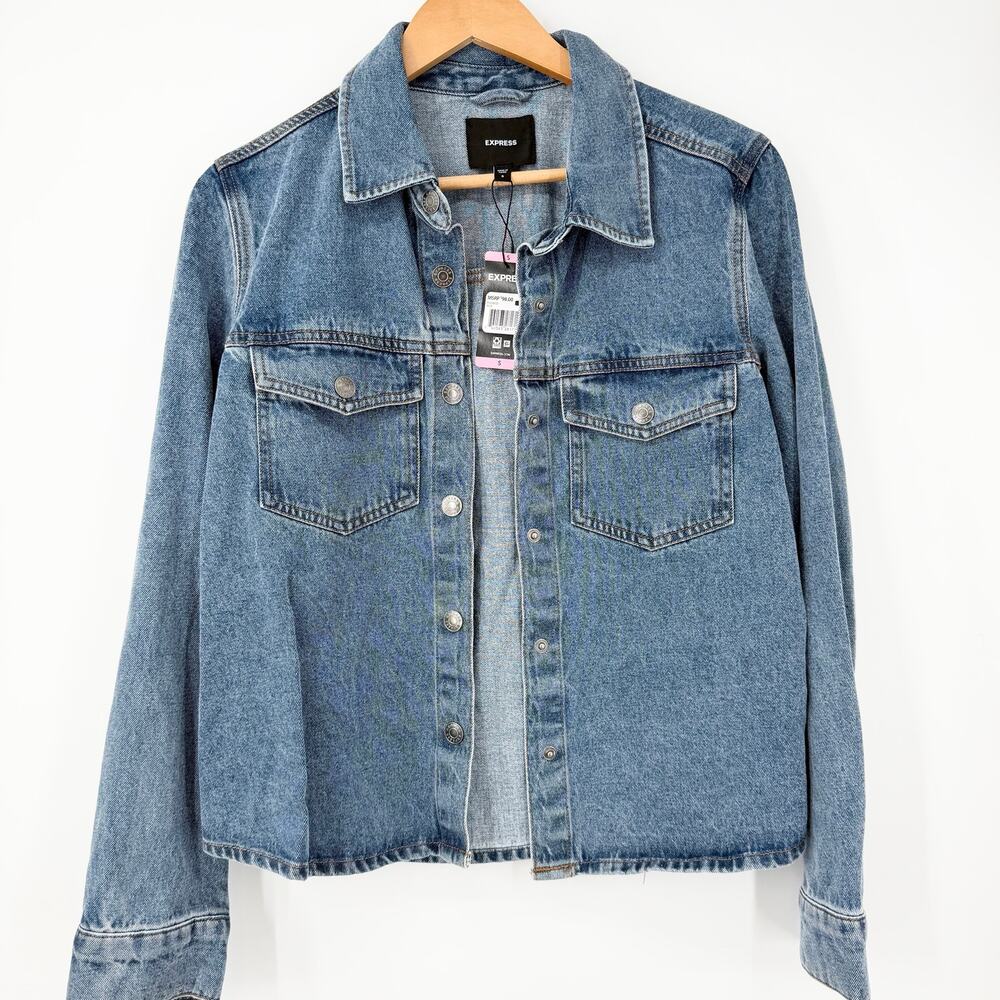 NWT Express Denim Shirt Jacket Women’s Small Snap Front Cotton Blue Shacket